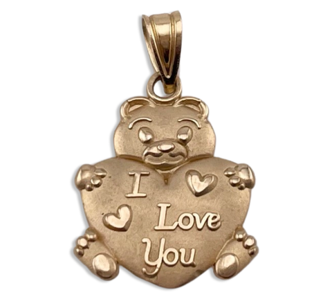 14k yellow gold 'I love you' teddy bear heart matte finish pendant