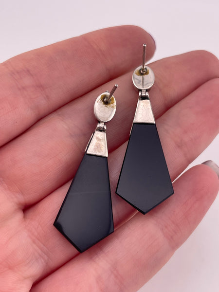 sterling silver black agate marcasite post hinge earrings