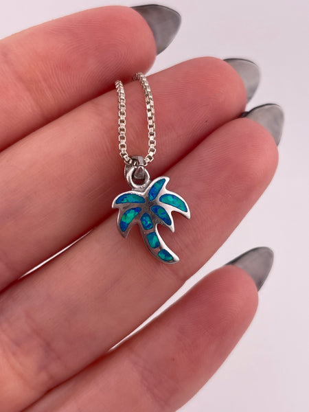 sterling silver 18-1/4" opal simulant palm tree necklace