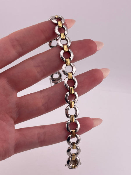 rhodium plated sterling silver & gold plated stoneless circle chain link bracelet