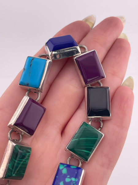 sterling silver Mexican heavy synthetic stone link bracelet