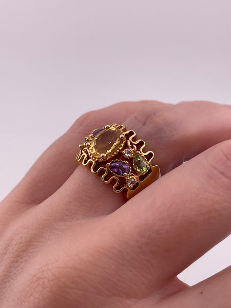 size 7 sterling silver gold plated multi-gemstone ring