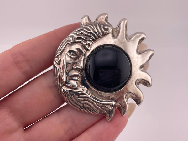 sterling silver Taxco Mexico large onyx sun & moon pendant / brooch