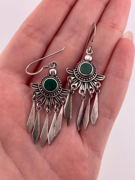 sterling silver green stone tassel hook dangle earrings