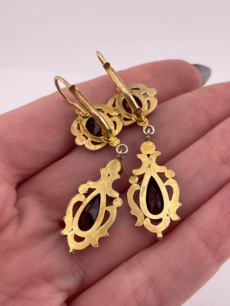 sterling silver gold wash faceted garnet pearl hook dangle earrings