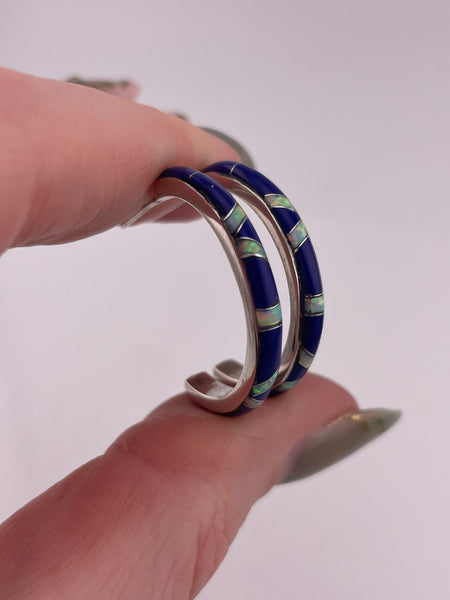 sterling silver lapis lab opal post partial hoop earrings