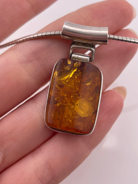 sterling silver amber pendant structured chain necklace