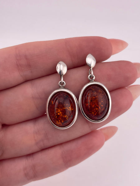 sterling silver oval amber post dangle earrings