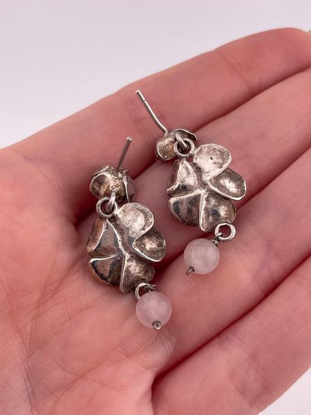sterling silver rose quartz flower post dangle earrings