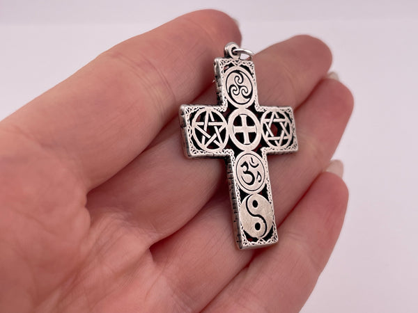 sterling silver multi-symbol cross pendant