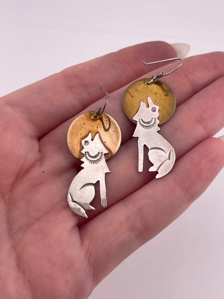 sterling silver & brass howling wolf hook dangle earrings