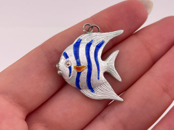 sterling silver white blue orange enamel fish pendant