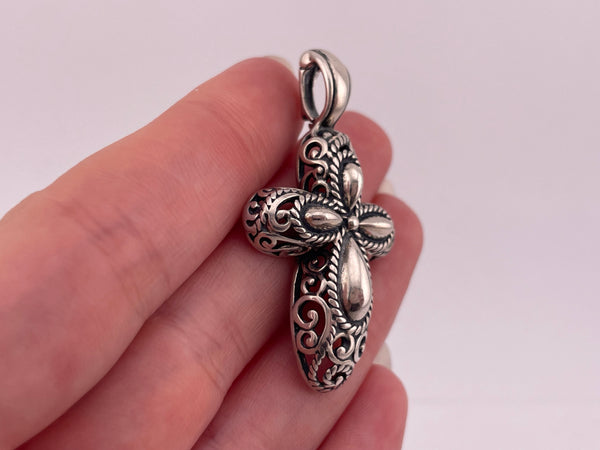 sterling silver Carolyn Pollack Relios stoneless cross cut-out design enhancer bale pendant