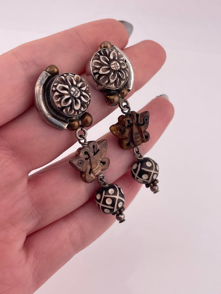 sterling silver & brass Amy Khan Russell carved synthetic material & wood butterfly post earrings