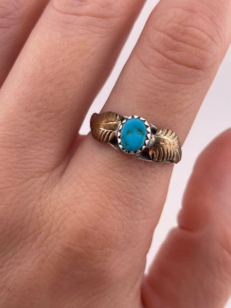 size 8.5 sterling silver & brass turquoise leaf ring