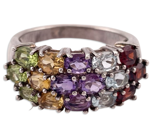 size 8 sterling silver faceted multi-gemstone ring