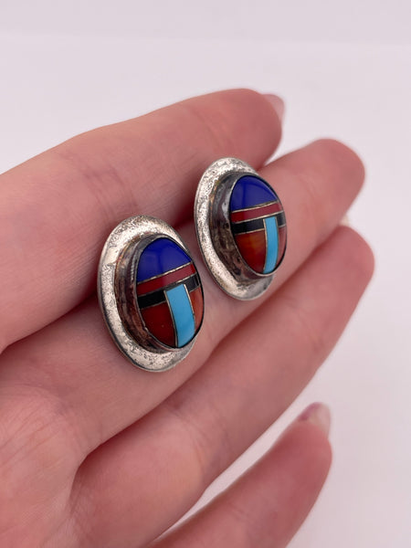 sterling silver multi-stone inlay post earrings