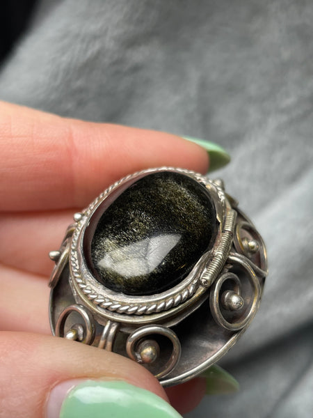 sterling silver Mexican goldflake obsidian locket compartment pendant / brooch **AS IS**