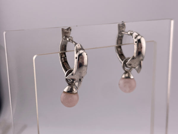 sterling silver rhodium plated dolphin hinge hoops with rose quartz enhancers earrings