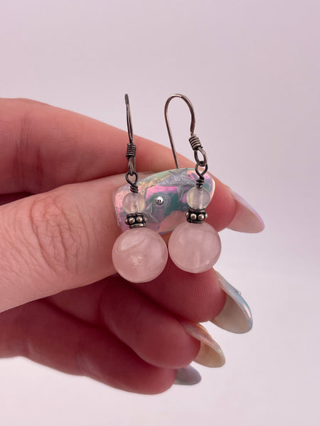 sterling silver rose quartz hook dangle earrings