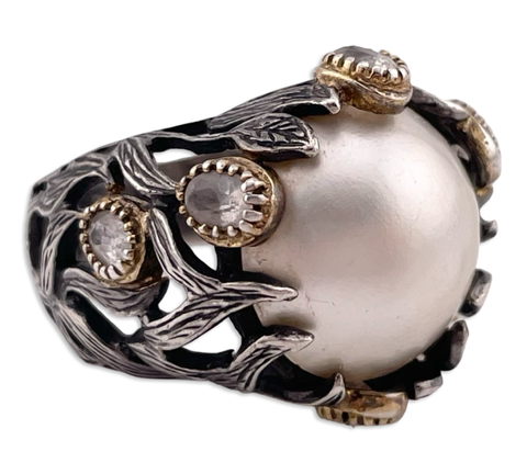 size 8 sterling silver & gold plated white spinel synthetic pearl ring