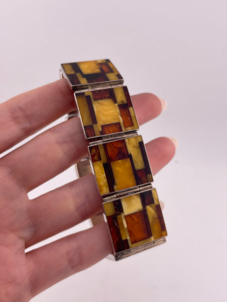 sterling silver amber inlay panel link bracelet **AS IS**