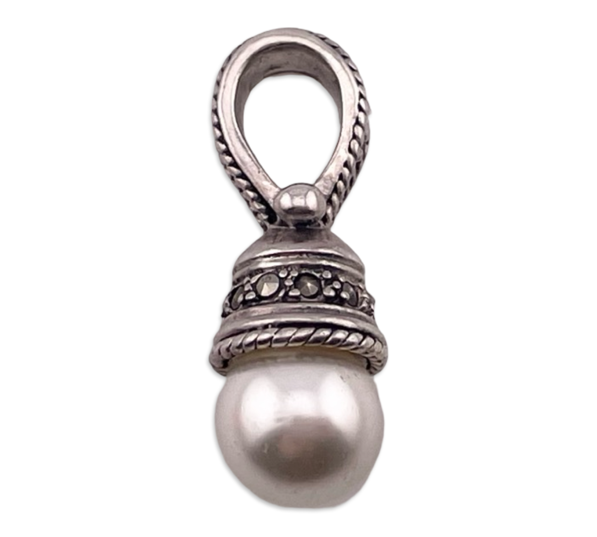 sterling silver synthetic pearl marcasite pendant