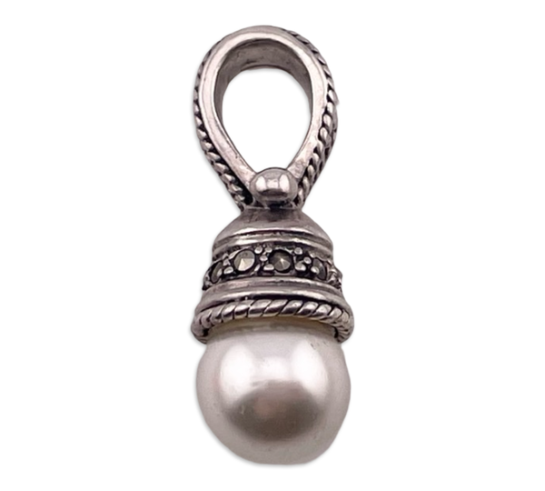 sterling silver synthetic pearl marcasite pendant