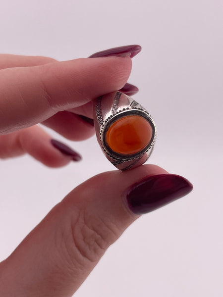 size 10.25 900 silver carnelian zig-zag etched ring ***AS IS***
