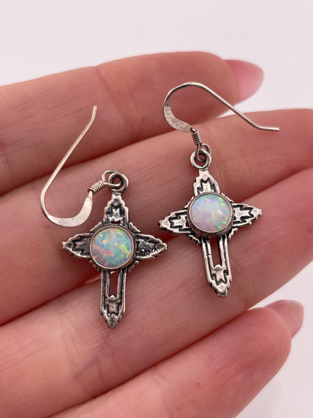 sterling silver lab opal cross dangle earrings