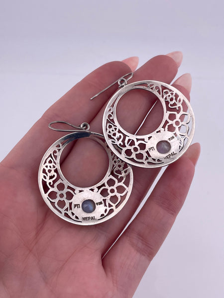 sterling silver faceted rainbow moonstone cut-out flower design hook dangle earrings
