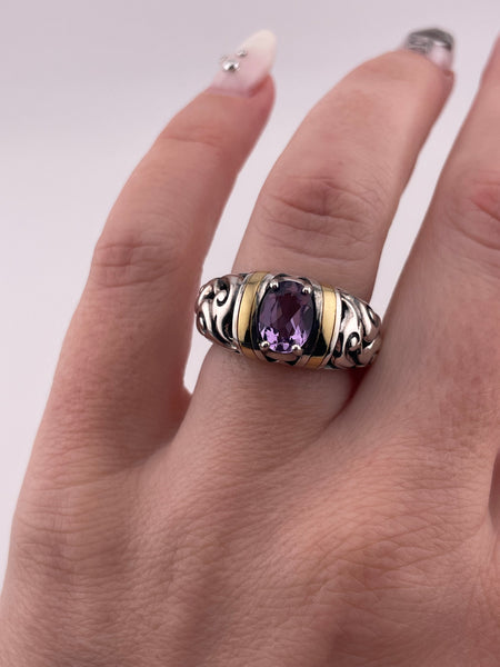 size 6.5 sterling silver & gold faceted amethyst scroll ring