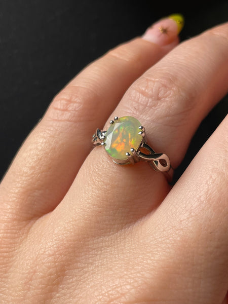 size 6.25 sterling silver rhodium plated faceted lab opal ring