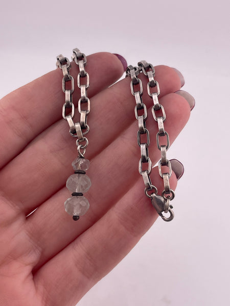 sterling silver 16-1/2" square edge oval chain link faceted quartz necklace