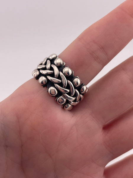 size 8.75 sterling silver chunky stoneless Mexican wide band chain ball ring