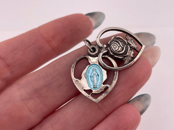 sterling silver religious Mary rose heart slide pendant