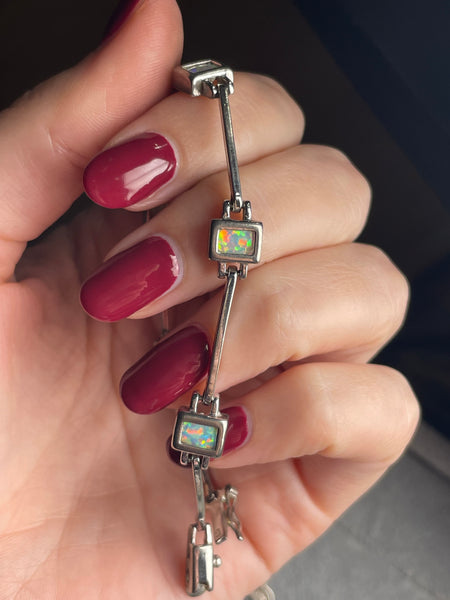 sterling silver 7" synthetic opal link bracelet