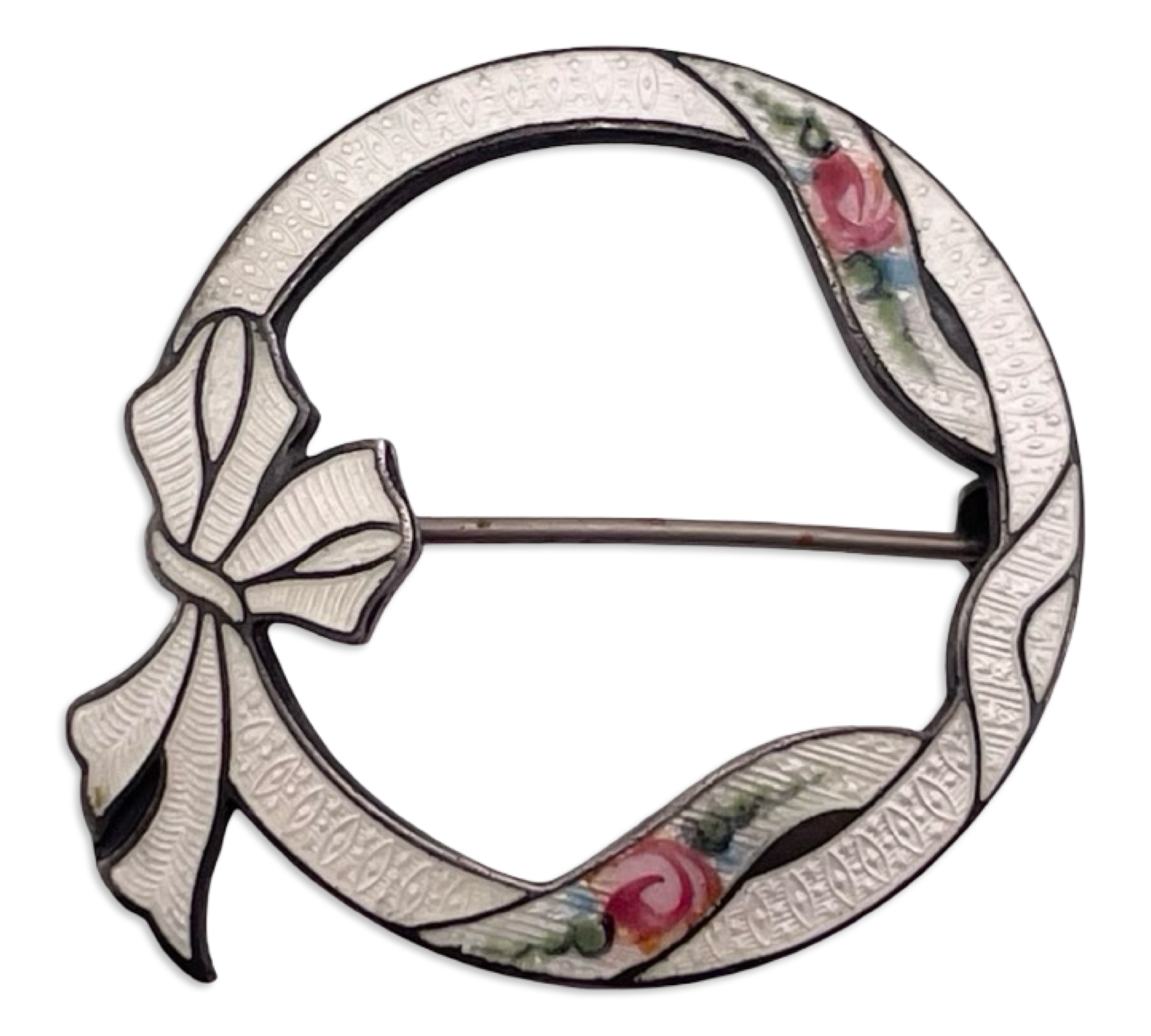 sterling silver painted flower enamel bow-tie round brooch pin ***AS IS***