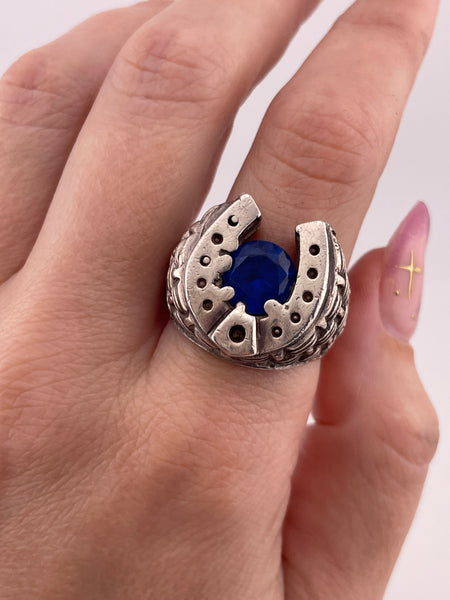 size 11.5 sterling silver faceted blue spinel horseshoe ring