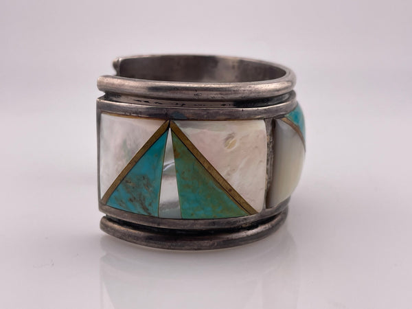 sterling silver heavy turquoise, mother of pearl, & brass inlay cuff bracelet