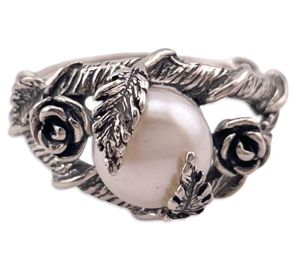 size 9.25 sterling silver faux pearl rose ring