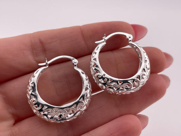 sterling silver cut-out ornate scroll design hoop earrings