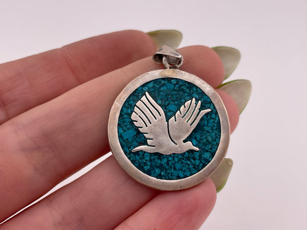 sterling silver crushed turquoise bird pendant