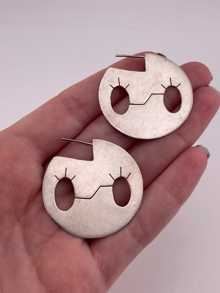 sterling silver brushed finish stoneless flat hoop cut-out circle post earrings