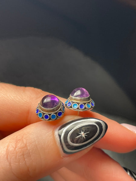 sterling silver amethyst enamel post earrings