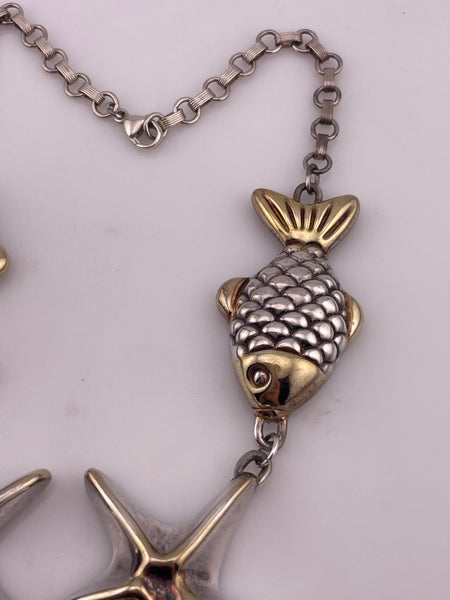 sterling silver & gold wash electroform fish & starfish statement necklace