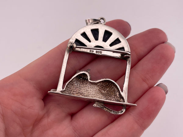 sterling silver cat on window black resin brooch pendant
