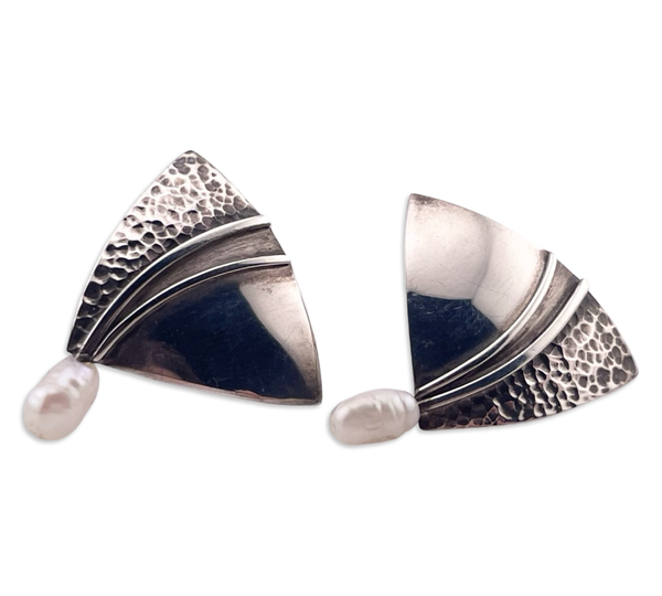 sterling silver textured fan pearl post earrings *non-sterling posts*