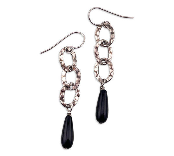 sterling silver black glass textured hook dangle earrings