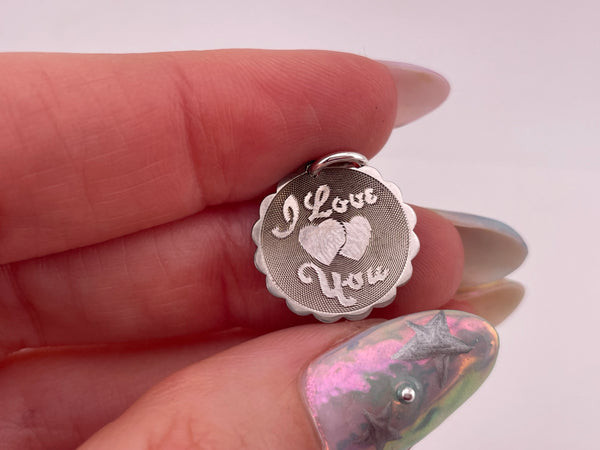 sterling silver rhodium plated "I Love You" round etched pendant